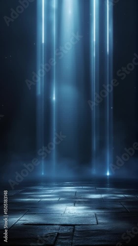 Realistic 3D animated video of a dark, atmospheric scene with textured floors and gently moving vertical rays of light
