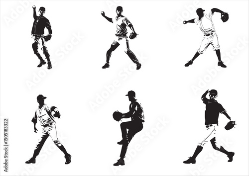 Baseball Pitcher Silhouette Set – Six Dynamic Throwing Poses Vector Illustration

