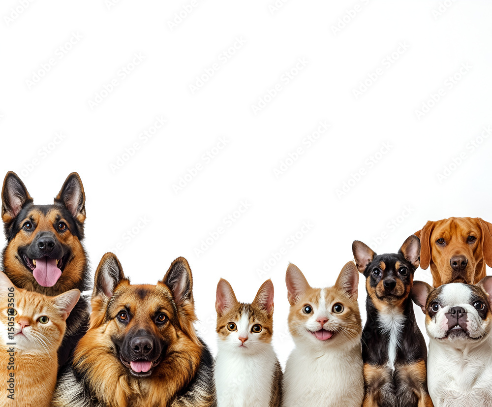 Obraz premium Cute group of puppies and dogs, isolated on white background, with chihuahuas, cats, and other purebred pets