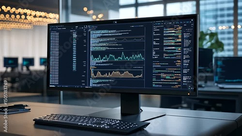 Computer monitor displays code in a modern office, with keyboard and notebook on a dark desk, city view in background