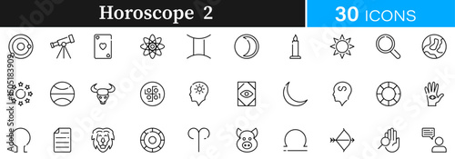 Horoscope icon set in lineal art. Collection of horoscope, zodiac, astrology, signs, stars, fortune, design, illustration, graphic, line, symbols, predict, future, more editable stoke.