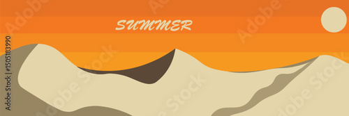 Summer nature landscape horizontal poster, web banner, cover, card with fields, lake, mountains in the distance and typography design. Summer vacation illustration,