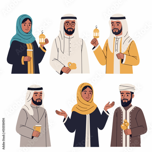 Arabian people gathering in traditional Ramadan clothing
