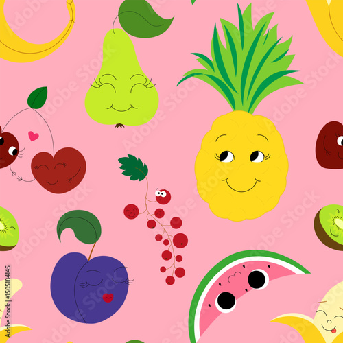Cute cartoon fruits characters seamless pattern