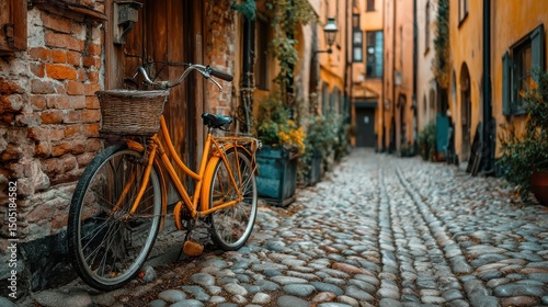 Old bicycle leaning against a brick wall in a quiet European alley with cobblestone ground