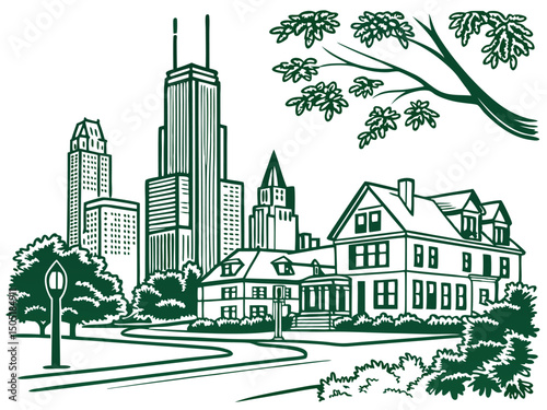 Cityscape skyline drawing of urban buildings and suburban houses in a neighborhood illustration style