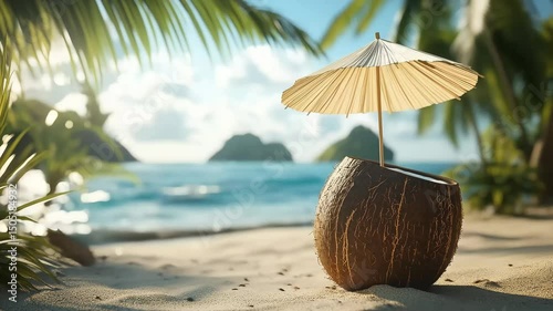 Wallpaper Mural Tropical beach scene with coconut drink and umbrella under palm trees. Torontodigital.ca