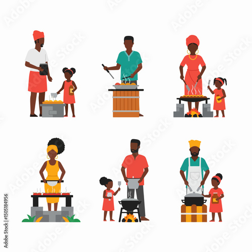 African family cooking preparing traditional food outdoor