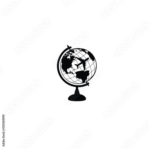 Silhouette of a globe with plane flying around on white background