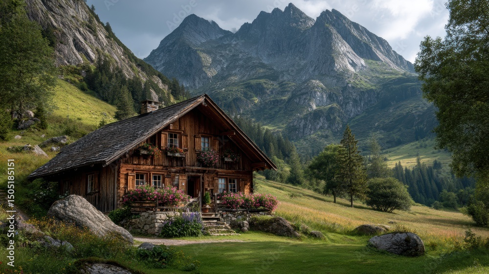 Cozy wooden alpine chalet with flower boxes and sloped roof, nestled in green hills of Austria, dramatic mountain backdrop, summer atmosphere Cozy wooden alpine chalet with flower boxes and sloped roof, nestled in green hills of Austria, dramatic mountain backdrop, summer atmosphere