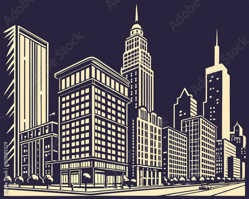Cityscape skyline illustration of urban buildings and architecture in downtown metropolitan area artwork