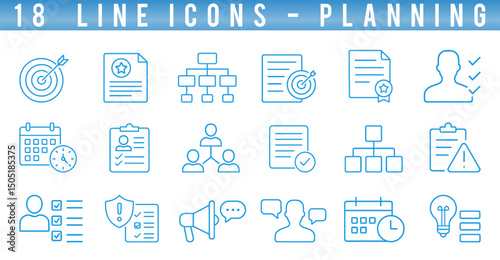 Collection includes modern line icons that represent key planning concepts like goal setting, organizational structures, and task management