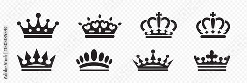 Set of 8 Black Crown Silhouettes Featuring Unique Shapes and Ornate Designs with Diamonds, Hearts, Crosses, and Circles for Royalty, Branding, and Decorative Use