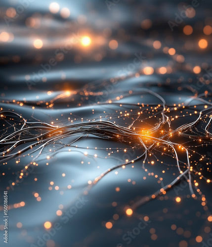 Illuminated pathways weave through a mesmerizing landscape of shimmering textures and vibrant energy in a dreamlike world