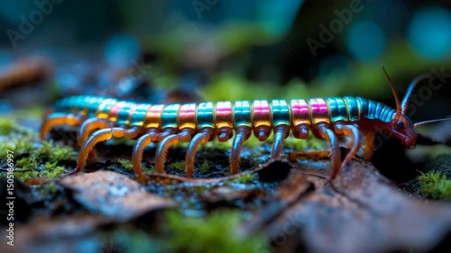 Vibrant Centipede Crawling on Mossy Forest Floor Close Up Macro Nature