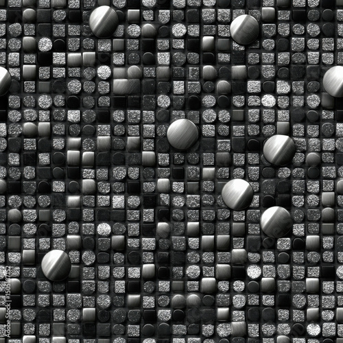Seamless digital pixel pattern with metallic finishes creates modern and sophisticated texture. grayscale mosaic features various shapes and textures, adding depth and interest