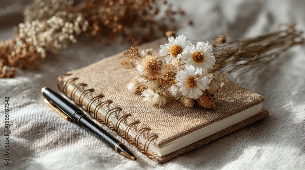 Fototapeta premium Notebook mockup lying flat on linen tablecloth with dried flowers and pen, soft daylight