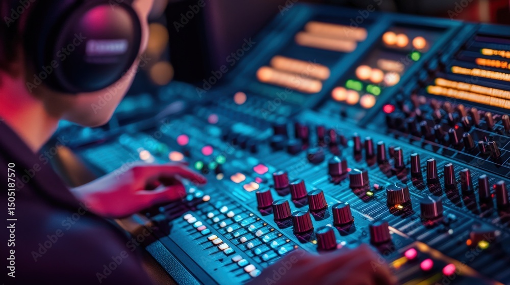 Obraz premium Audio Engineer Adjusting Sound Mixing Console with Colorful LED Lights in a Studio