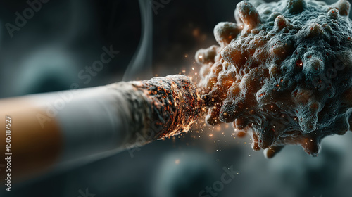 Cigarette transforms into cancer cells, symbolizing harmful effects of smoking. image highlights connection between tobacco use and cancer development, emphasizing health risks