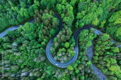 Germany, Bavaria, Aerial view of car driving along asphalt road winding through green forest in Bavarian Alps