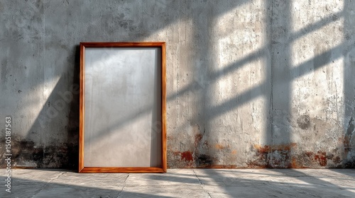 Poster mockup in metal frame leaning against industrial concrete wall, minimalist interior style