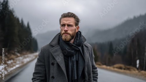 Bearded man in a long coat and scarf, standing on a misty mountain road, dramatic sky and pine forest behind him, moody tones