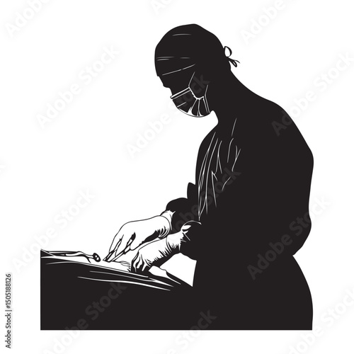 A doctor in scrubs conducting a surgical isolated vector black silhouette