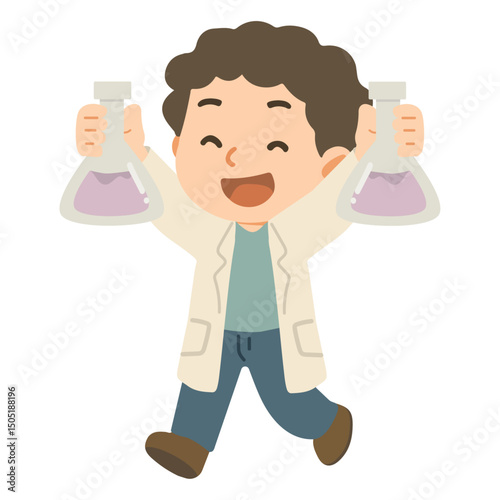 Cartoon Scientist Holding Flasks Illustration