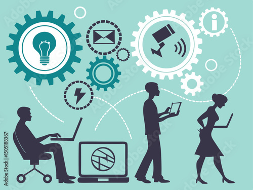 Global social network communication concept with business people silhouettes and technology icons representing teamwork and success