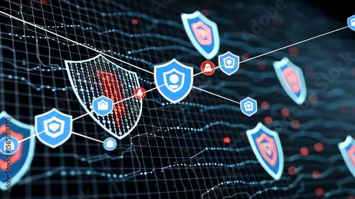 Digital security represented with shields, data matrix, and network visualization on dark background in a shallow depth of field
