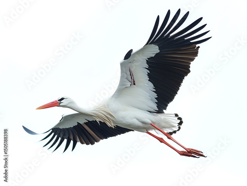 White stork Ciconia ciconia in flight, a majestic bird with black and white feathers soaring through the blue sky