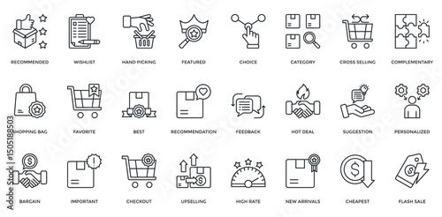 Product Recommendation icon set. Containing recommended, wish list, featured, choice, favorite, best, recommendation, new arrivals, hot deal, flash sale. Outline style