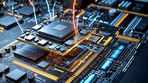Close Up of Microchips on Circuit Board Futuristic Technology