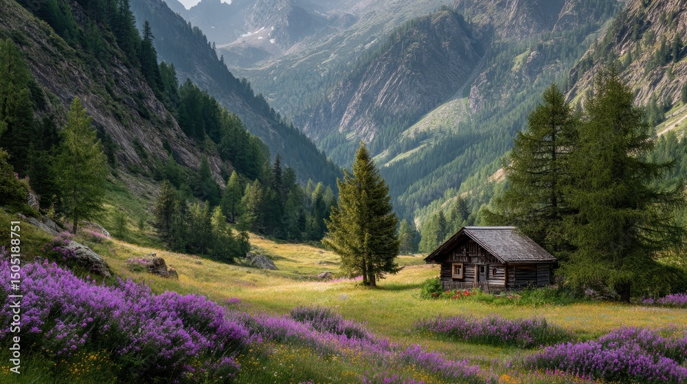 Fototapeta premium Tiny wooden cabin in Tyrol valley, Austria, surrounded by grazing cows and wildflowers, peaceful mountain view