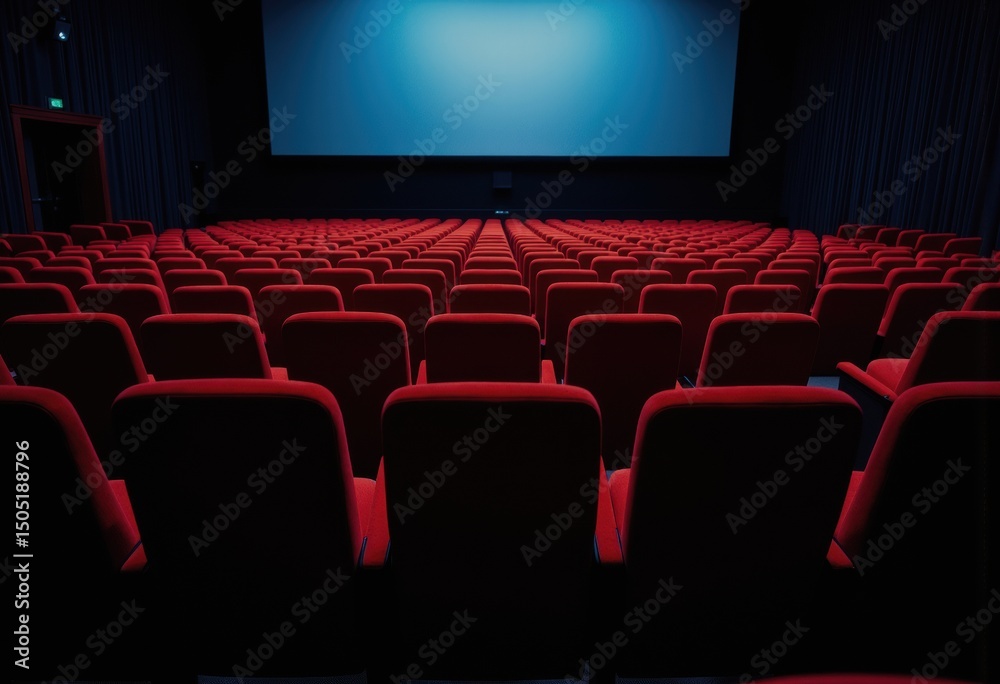 Fototapeta premium Empty cinema with red velvet seats facing a dim pre-show screen