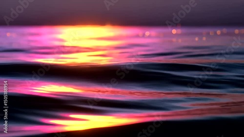 Gentle waves reflect vibrant sunset hues of gold, pink, and purple under a darkening sky, evoking peace, tranquility, and serene beauty