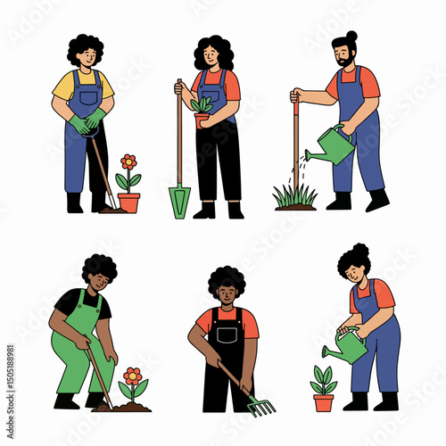 People gardening with plants and tools