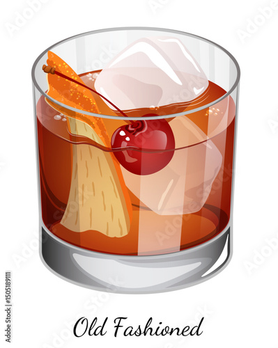 Old Fashioned Cocktail with Orange Peel, Cherry and Ice Cubes. Traditional Beverage Illustration Isolated