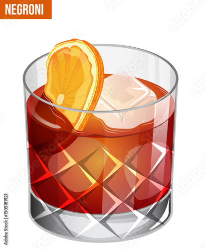 Negroni with Sliced Orange and Ice Cubes. Fancy Cocktail Detailed Illustration