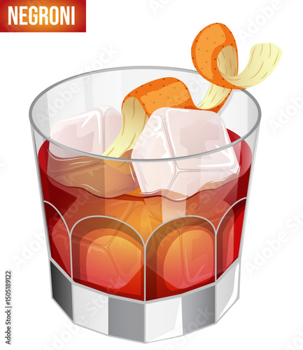 Fancy Negroni Cocktail Clipart with Orange Peel and Ice Cubes. Refreshing Aperitif Beverage Detailed Illustration