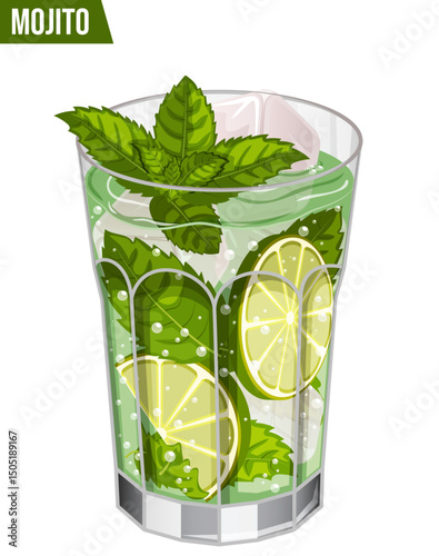 Mojito Cocktail Detailed Illustration. Popular Summer Drink - Cuban Punch Vector Art