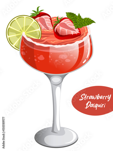 Strawberry Frozen Daiquiri - Summer Refreshing Cocktail Cartoon Vector Illustration with Strawberry, Mint and Lime Garnish
