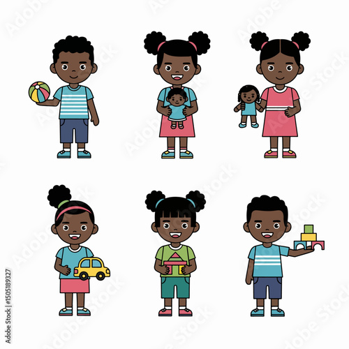 Kids playing with toys, black children characters