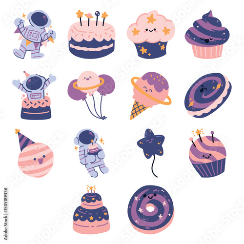 Doodle Flat Astronaut Smilling Moon Cake Birthday Outerspace