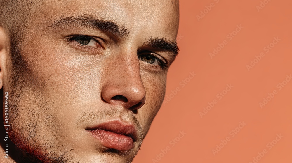 Obraz premium Young man with buzz cut and earrings, clean skin and direct look, on light peach background