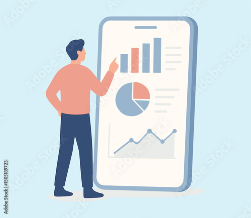 Businessman analyzing financial data charts on large smartphone screen, digital analytics, mobile business growth, technology, and data visualization concept
