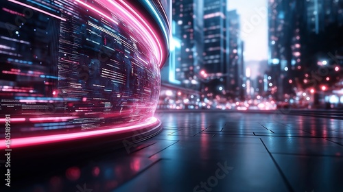 Vibrant urban landscape illuminated by neon lights and digital displays at dusk in a bustling city center