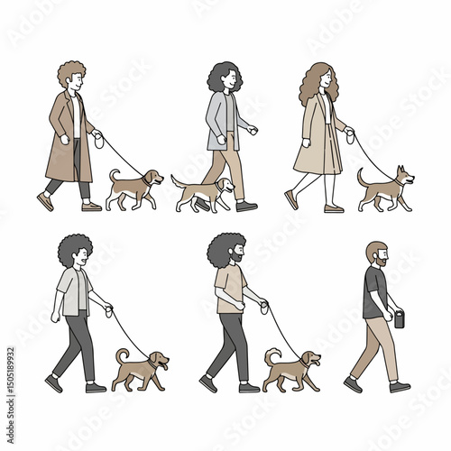 People walking dogs, modern lifestyle, street scene