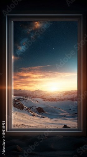 Breathtaking sunrise over snowy mountains viewed through an ornate window at dawn, inviting warmth and wonder of nature's beauty