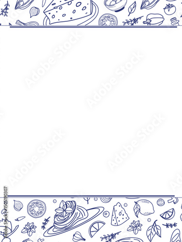 A detailed, hand-drawn border design illustrating various culinary elements like cheese, vegetables, and herbs. This illustration is perfect for use in menus, recipe books, or food-related projects.